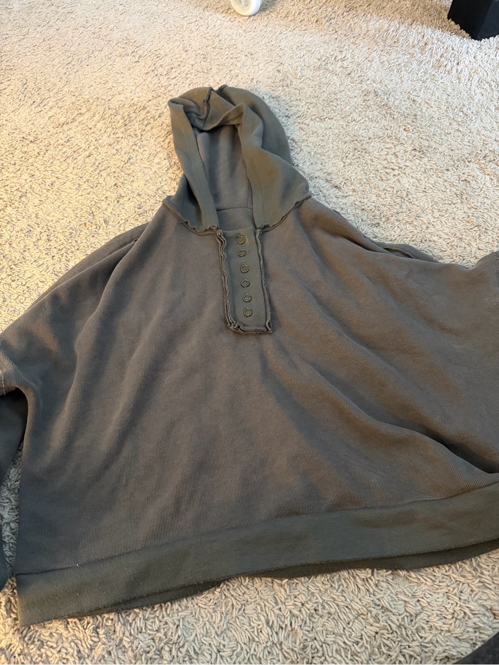 Womens cropped Hooded Pullover with Button Placket - Charcoal